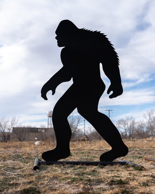 A large black silhouette of Bigfoot stands on a grassy field against a cloudy sky.