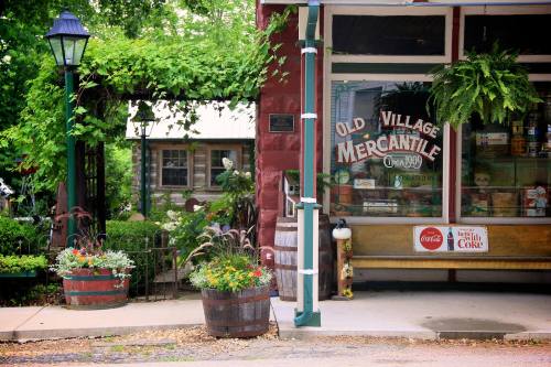 A charming storefront of an old mercantile, featuring plants, barrels, and a vintage Coca-Cola sign.