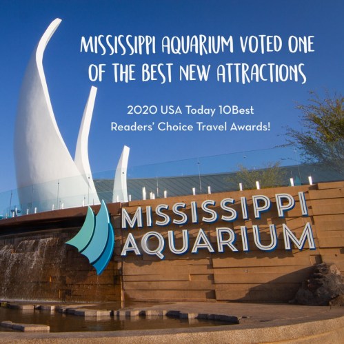Signage for the Mississippi Aquarium, highlighting its recognition as a top new attraction in 2020.