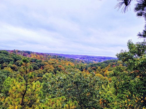 A scenic view of rolling hills covered in autumn foliage under a cloudy sky.