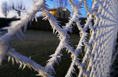 Frost-covered fence with sharp, icy formations against a blurred winter landscape.