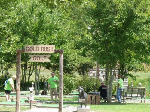A mini-golf course with a "Gold Rush Golf" sign, surrounded by trees and players in green shirts enjoying the game.