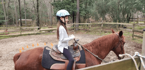 A young girl wearing a helmet sits on a brown horse in a fenced riding area surrounded by trees.