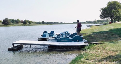 A person stands by a dock with paddle boats on a calm lake, surrounded by green grass and trees.