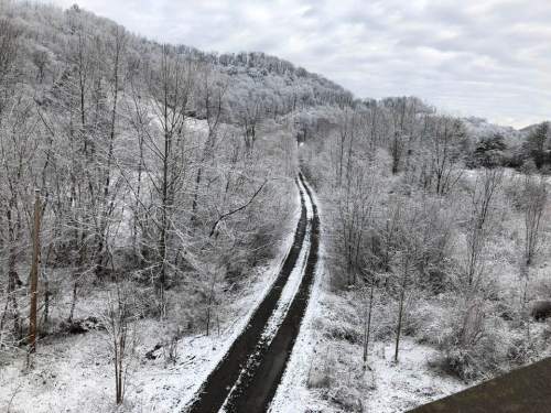 A snowy landscape with a winding dirt road surrounded by trees and hills, creating a serene winter scene.