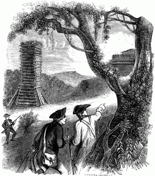 Two men in 18th-century attire point towards a distant fort, with a wooden tower and a soldier in the background.