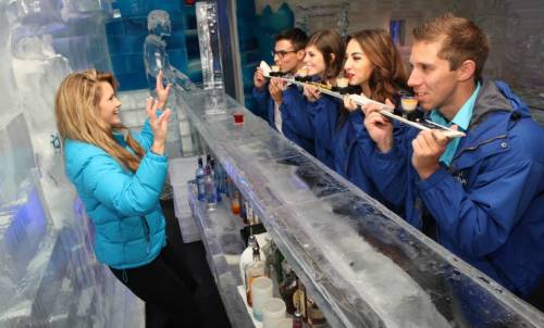 A group of people in blue jackets enjoy drinks at an ice bar, with ice sculptures and a bartender serving them.