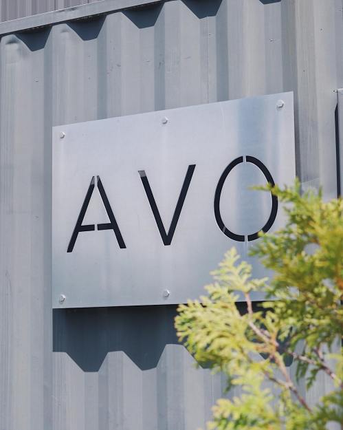 Sign displaying the word "AVO" on a metal surface, partially obscured by greenery.