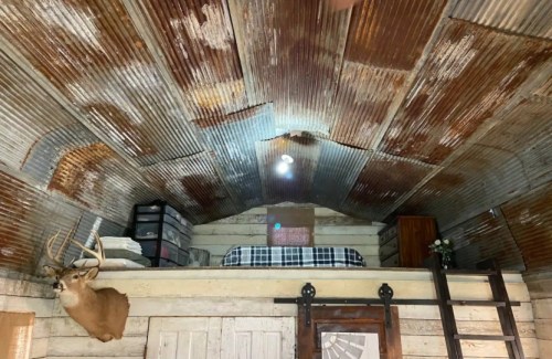 Interior of a rustic loft with a corrugated metal ceiling, a bed, and a mounted deer head on the wall.