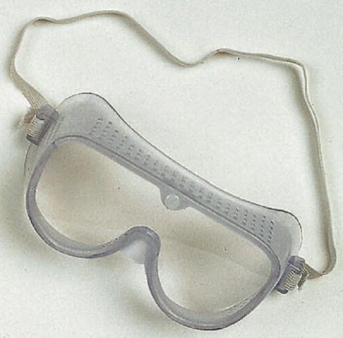 Clear safety goggles with a flexible strap, designed for eye protection.