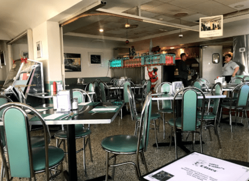 A retro diner interior with green chairs, tables, and a counter, featuring a few patrons and festive decorations.