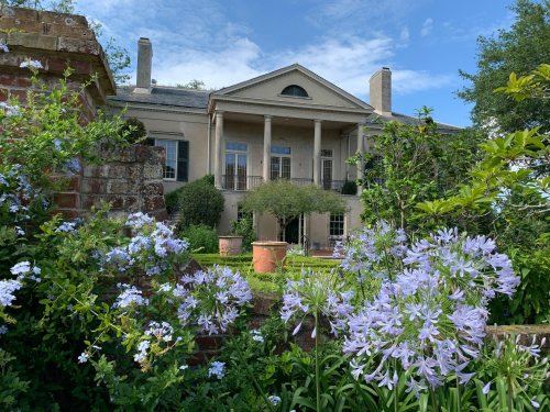 A historic mansion with columns, surrounded by lush greenery and blooming purple flowers under a blue sky.