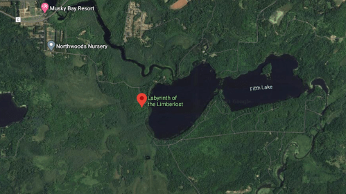 Map showing the Labyrinth of the Limberlost near Fifth Lake, with nearby locations like Musky Bay Resort and Northwoods Nursery.