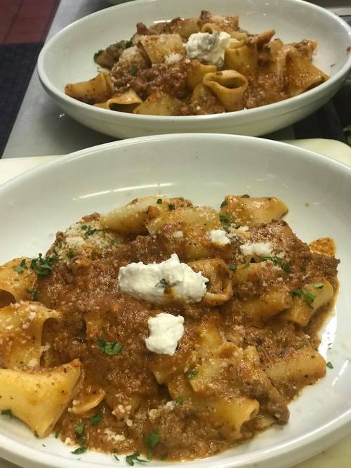 Two bowls of pasta with a rich meat sauce, topped with ricotta and herbs, served on a white plate.
