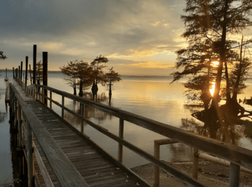 A wooden pier extends over calm water at sunset, with trees silhouetted against a colorful sky.