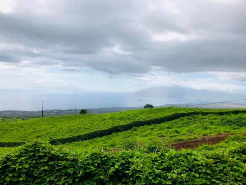 Lush green hills stretch towards the ocean under a cloudy sky, with distant mountains visible on the horizon.