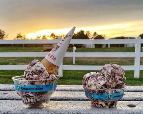 Two cups of ice cream with a cone on top, set against a sunset backdrop and a white fence.