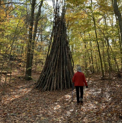 A person in a red jacket walks towards a tall structure made of sticks in a forest with autumn foliage.