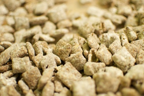 Close-up of small, irregularly shaped gray and brown stones scattered on a surface.
