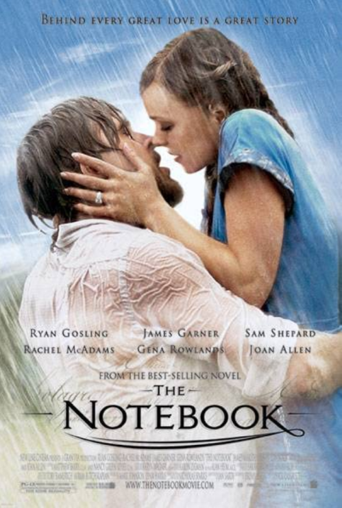 A romantic scene from "The Notebook" featuring a couple kissing in the rain, with dramatic expressions and a passionate atmosphere.