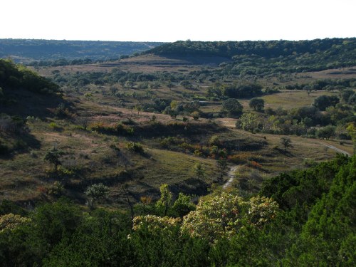 A scenic view of rolling hills and lush greenery under a clear sky, showcasing a tranquil natural landscape.