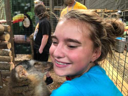 A smiling girl with braces interacts with a small animal in a petting zoo, with people and a toucan in the background.