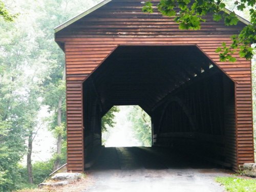 A wooden covered bridge with an arched entrance, surrounded by trees and misty scenery.