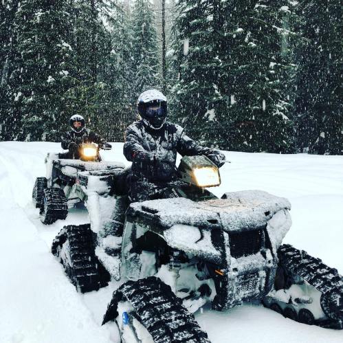 Two riders on snow-covered ATVs navigate through a snowy forest, with large snowflakes falling around them.