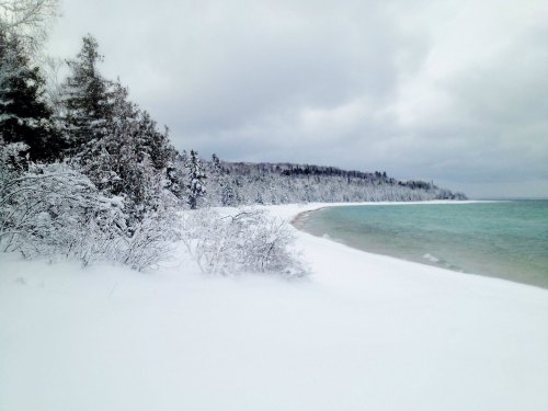 Snow-covered beach with trees along the shoreline under a cloudy sky. Calm turquoise water meets the snowy landscape.