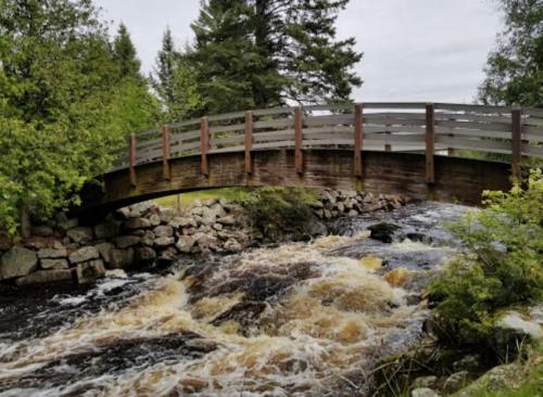 A wooden bridge spans a rushing river surrounded by lush greenery and rocky banks.