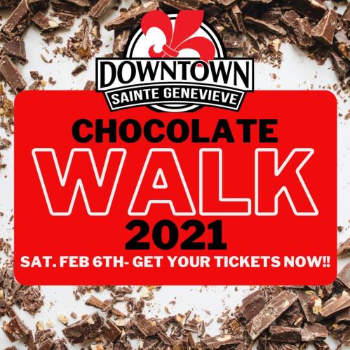 Text on a red background promoting the Downtown Sainte Genevieve Chocolate Walk 2021 on February 6th.