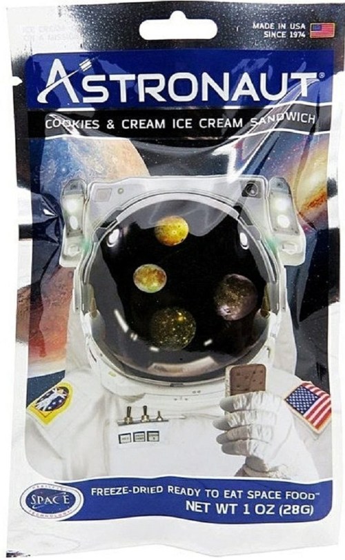 Packaging for astronaut cookies and cream ice cream sandwich, featuring an astronaut and planets in space.