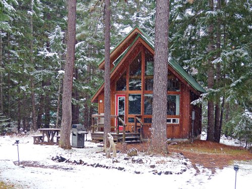 A cozy wooden cabin surrounded by tall trees, with snow covering the ground and a picnic table nearby.