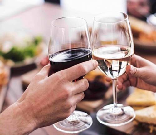 Two hands clink wine glasses, one filled with red wine and the other with white, against a blurred background of food.
