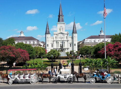 Carriages with horses in front of a historic building, surrounded by trees and a clear blue sky.