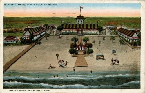 Vintage postcard depicting the Isle of Caprice in the Gulf of Mexico, featuring beachgoers and a seaside resort.