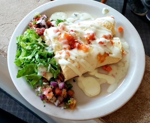 A plate of two enchiladas topped with creamy sauce and diced tomatoes, served with a side of salad and pico de gallo.