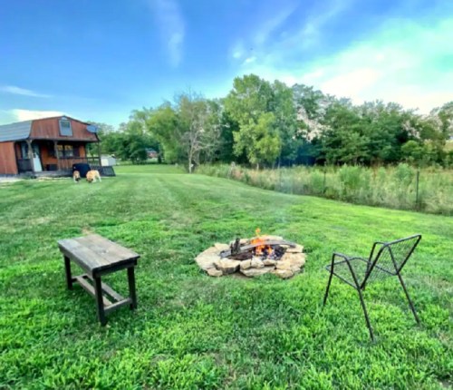 A grassy yard with a fire pit, wooden bench, and a chair, surrounded by trees and a rustic cabin in the background.