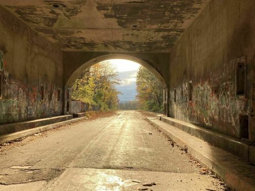 An abandoned tunnel with graffiti on the walls, leading to a sunlit landscape beyond.