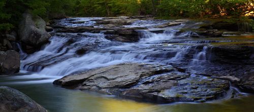 A serene river flows over smooth rocks, surrounded by lush green trees and dappled sunlight.