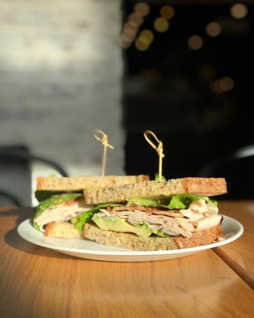 A close-up of a sandwich with turkey, lettuce, and avocado on whole grain bread, served on a white plate.