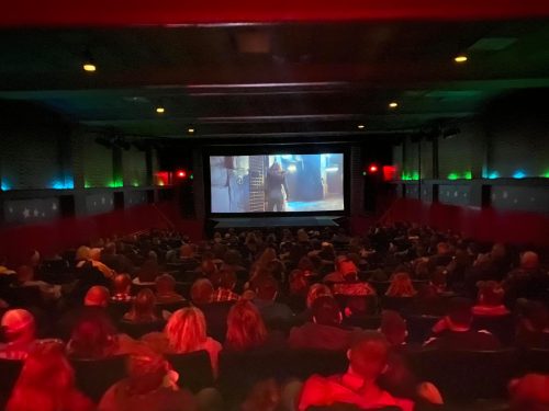 A crowded movie theater with an illuminated screen showing a scene, filled with viewers watching intently.