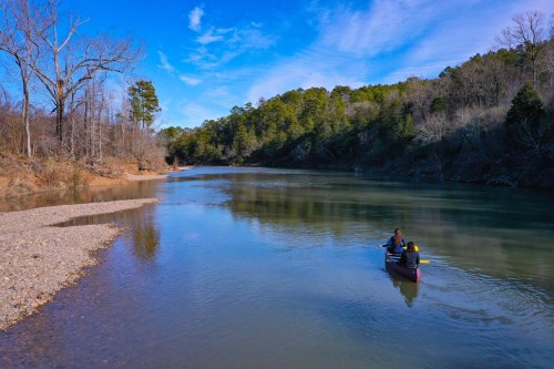 A person paddles a canoe on a calm river surrounded by trees and a clear blue sky.