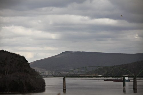 A river flows under a green bridge, with mountains in the background and a cloudy sky overhead. A bird flies above.