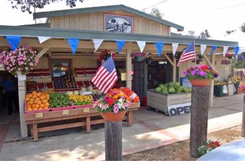 A charming market with colorful flowers, fruits, and vegetables, featuring American flags and an "OPEN" sign.