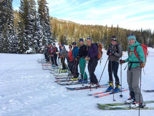 A group of skiers lined up on a snowy slope, surrounded by tall pine trees and a clear blue sky.