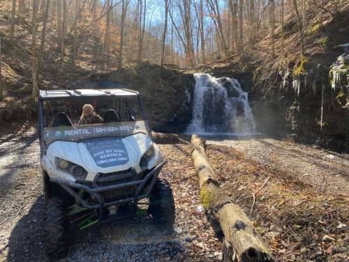 A person sits in an ATV near a waterfall in a wooded area, with trees and rocks surrounding the scene.