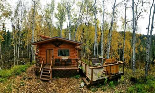 A cozy log cabin surrounded by autumn trees, featuring a deck and steps leading to the entrance.