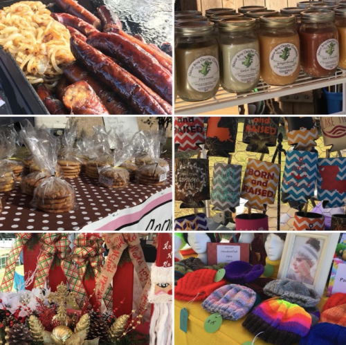 A collage of food items, jars, cookies, signs, and colorful crafts at a market or fair.