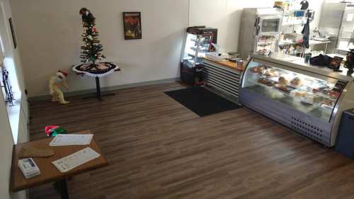 A cozy café interior with a small Christmas tree, display case of pastries, and a table with menus.